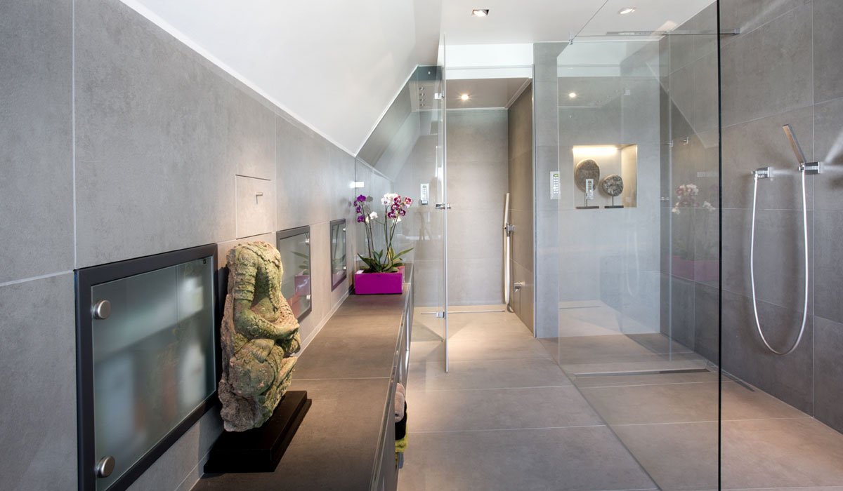 Modernes Bad mit Regendusche und Trenndwand aus Glas